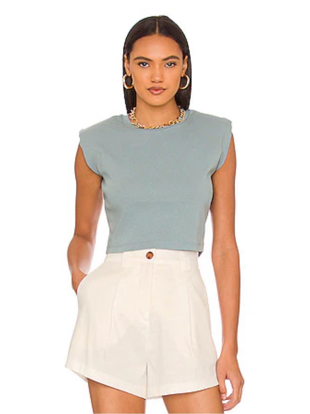 All Saints Mika Padded-Shoulder Tank Crop Top in Dusk Blue